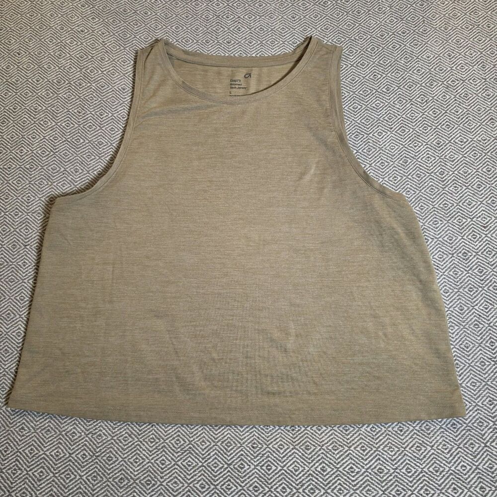 GapFit Women’s Cropped Tank Top Heathered Tan Brushed Tech Jersey Large